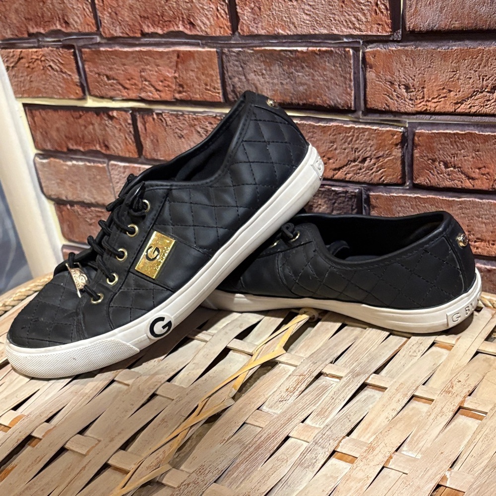 G by Guess Black Quilted Sneakers with Gold Accents